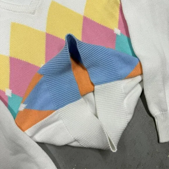 Vintage Pringle of Scotland Colorful Diamond Cotton V-Neck Sweater Knit Small - Picture 5 of 5